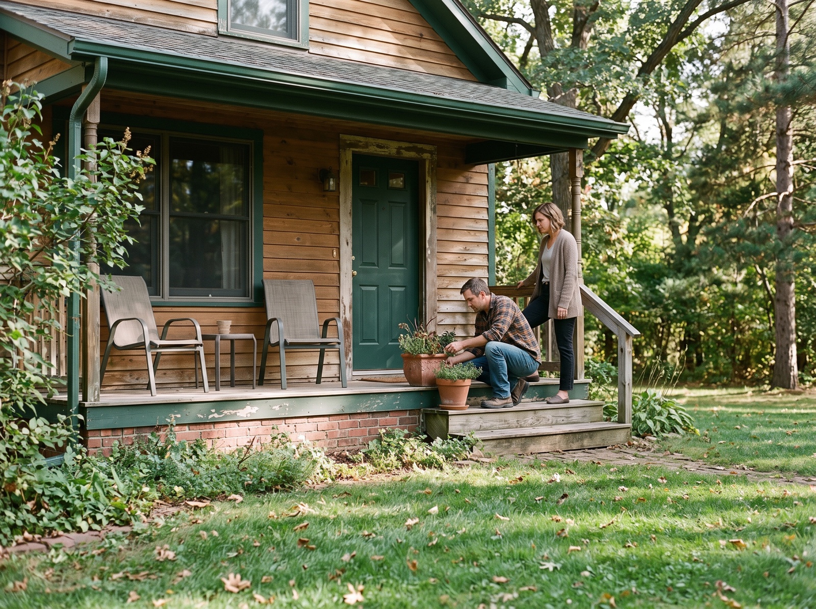 Scene of homeowners preparing the porch of a wood-sided home.
